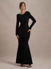 Elegant Backless Bows Maxi Dress Female Chic Bodycon Long Sleeve Club Party Outfits Fashion Black Dresses Vestido Ladies