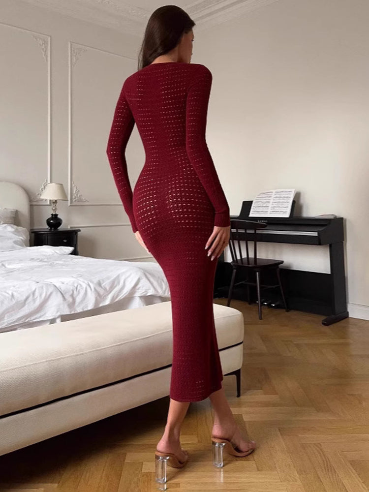 TRAUXY Sexy Hollow Knitted Dress For Women Long Sleeve Plunge Crocheted High Street Angora Red Bodycon Dress Lady Autumn Fashion