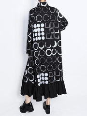 2024 New Fashion Elegant Casual High-Low Long Sleeves Polka-Dot Printed Falbala Black Midi Dress
