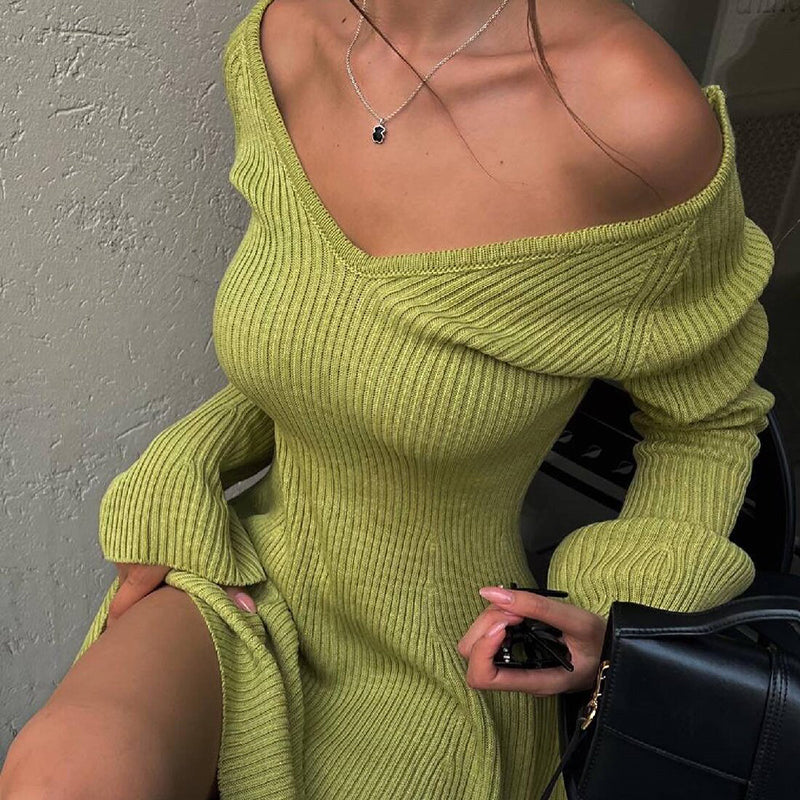 Autumn Winter Sweater Dress Sexy Off-Shoulder Women's A-Line Hem Elegant Rib Knit Mini Dresses Long Sleeve Higt WaistedChristmas Gifts