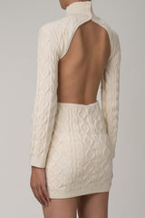 Backless High Neck Cable Knit Winter Sweater Mini Dress - Cream