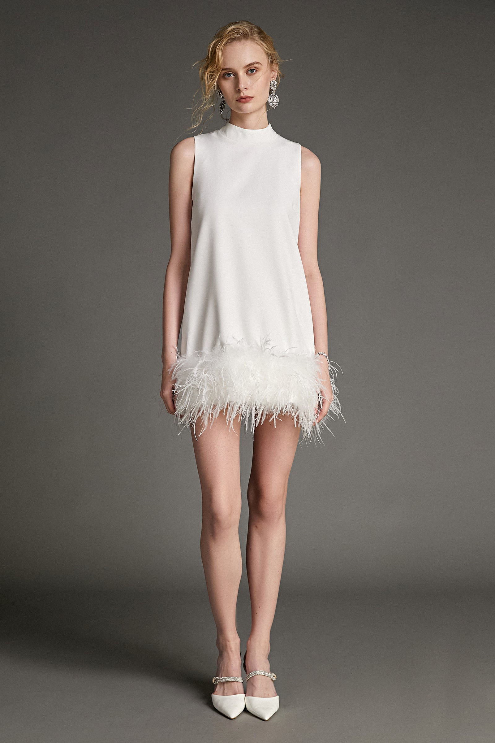 - White Sleeveless Mock Neck Feather-Trimmed Mini Dress