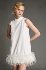 - White Sleeveless Mock Neck Feather-Trimmed Mini Dress