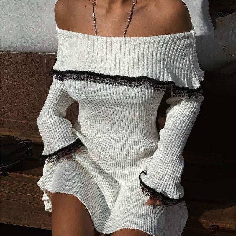 Knitted Off-The-Shoulder Mini Dress Women's Autumn Lace Sweater Dress Sexy Strapless Long Sleeve Patchwork Mini Dress