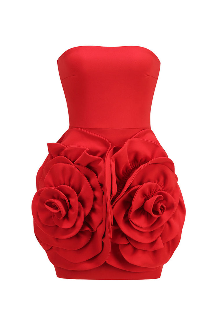 Blooming 3D Rosette Embellished Strapless Bodycon Crepe Party Mini Dress