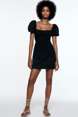 Breezy Ruched Square Neck Puff Sleeve Lace Up Back Party Mini Dress - Black