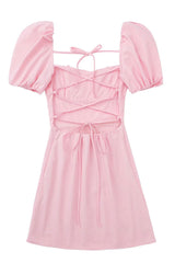 Breezy Ruched Square Neck Puff Sleeve Lace Up Back Party Mini Dress - Pink