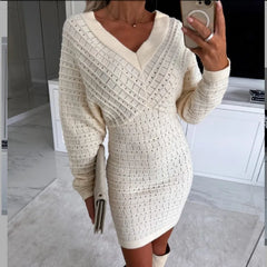 Fall V Neck Hollow Dress Women's Solid Color Long Sleeve Knit Hip Cover Dress Elegant High Waist Streetwear Mini Dress