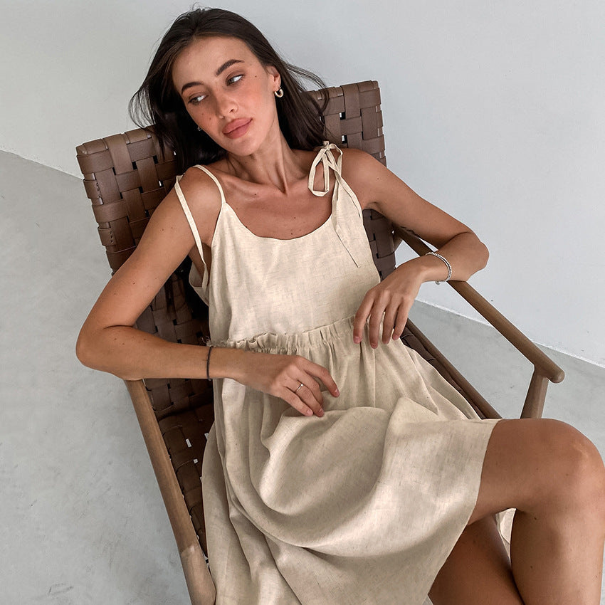 Fashion Vacation Loose Cotton Linen Slip Dress For Women Lace Up Splice Hot Girl Sexy Dress Party Spaghetti Strap Dress