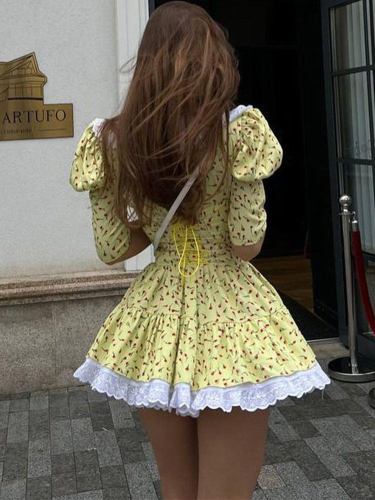 Lace-up Slim Floral Dress Women Elegant Luxury Lace Turn Collar Short Sleeve Folds Dresses Femme Party Retro Dress LadyChristmas Gifts