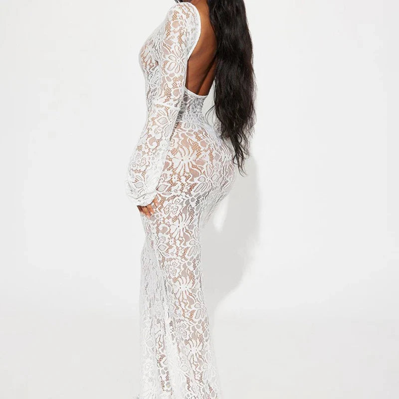 White Sexy Lace Hollow Long Sleeve Dress For Women See Through Maxi Dress Hot Girl Fashion Bodycon Backless Outfits LadyChristmas Gifts