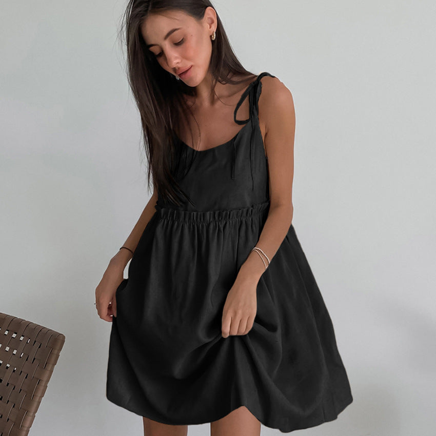 Fashion Vacation Loose Cotton Linen Slip Dress For Women Lace Up Splice Hot Girl Sexy Dress Party Spaghetti Strap Dress