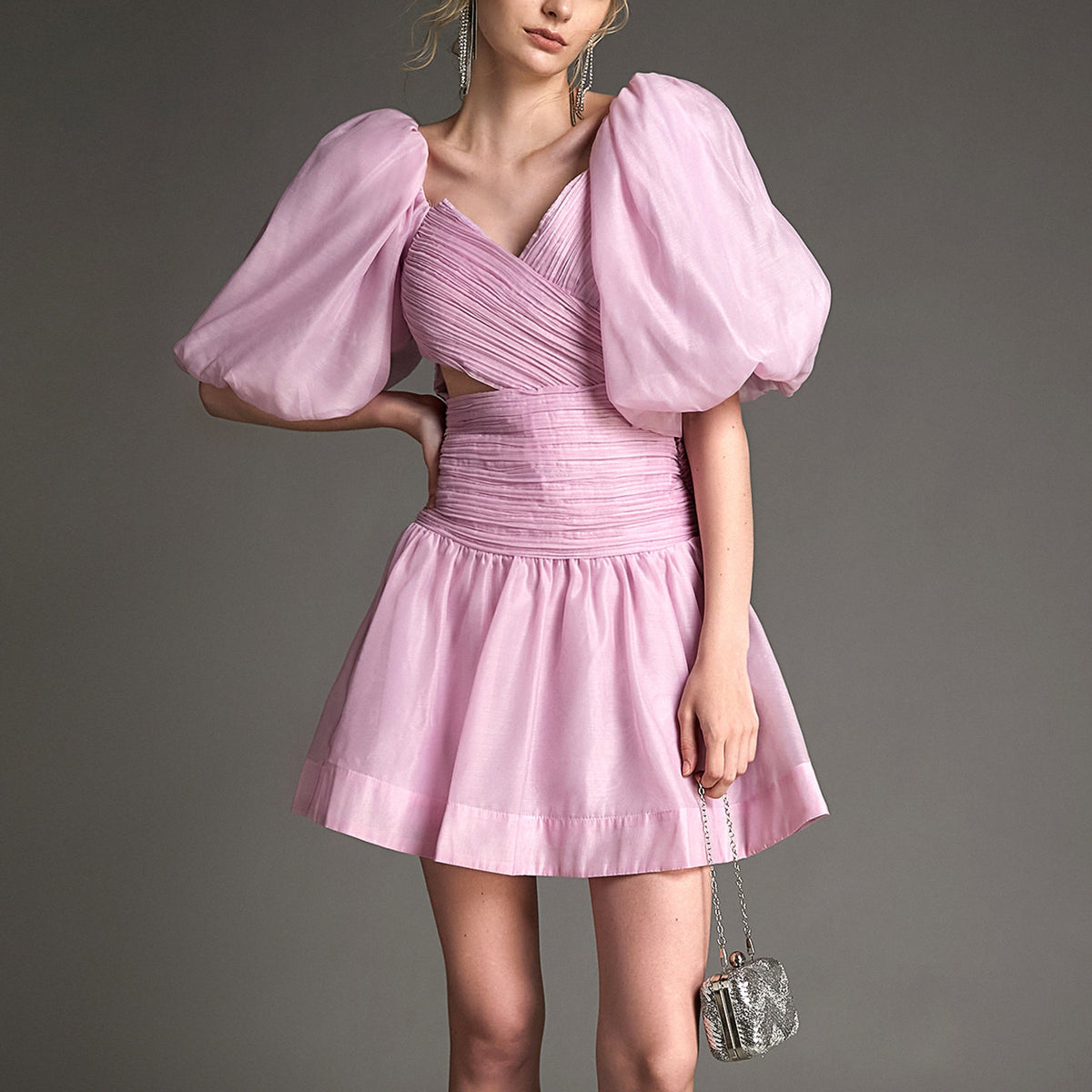 - Pink Organza Off-the-Shoulder Puff Sleeve Cut Out Mini Dress