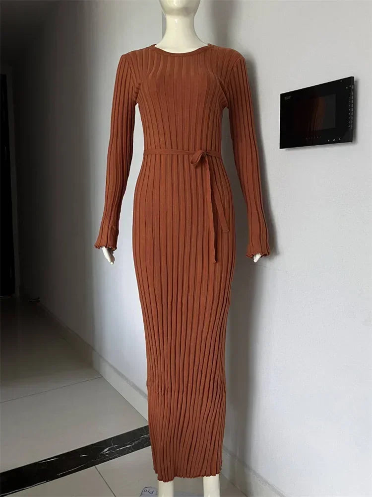 Fall Winter New Knitted Long Dress Female Casual Slinky High Waist Rib Sweater Bodycon Dresses Lady Holiday Party OutfitsChristmas Gifts