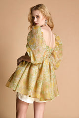 - Lemon Chiffon Floral Print Puff Sleeve Babydoll Smock Mini Dress