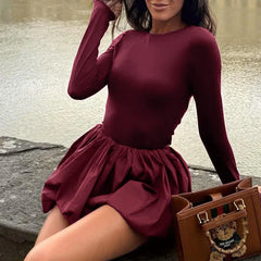 Angora Red Long Sleeve Dress For Women Slim Ball Gown Backless Folds Mini Dress Splice Solid Female Autumn New Christmas Gifts