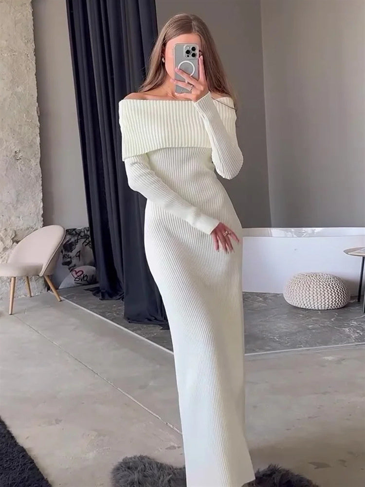 Fashion Knit Long Dress Off-Shoulder Female Ribbed Loose High Waist Elegant Autumn Party Dress Ladies Knitwear Maxi DressChristmas Gifts