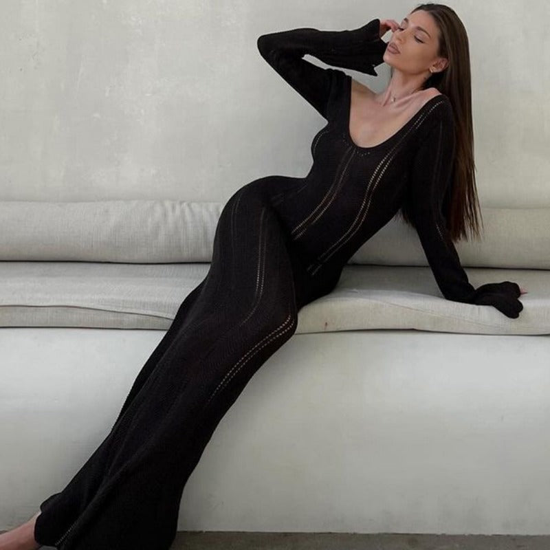 Knitted Backless Long Dress Women's High Waisted V-Neck Bodycon Party Club Dress Elegant Slim Resort Long Dress Female