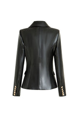 Chic Lapel Collar Long Sleeve Double Breasted Tailored Faux Leather Blazer