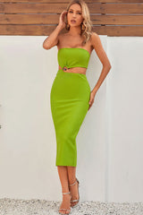 Chic Strapless Notch O Ring Cutout Waist Bodycon Bandage Party Midi Dress - Green