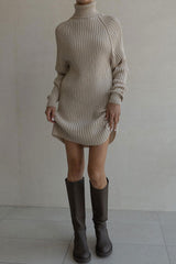 Chic Turtleneck Long Sleeve Chunky Ribbed Knit Winter Sweater Mini Dress - Khaki