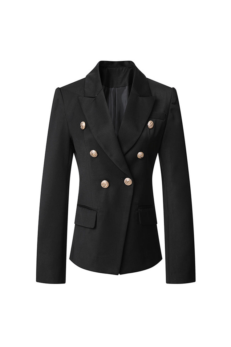 Classic Peak Lapel Shoulder Pad Double Breasted Cinch Waist Blazer