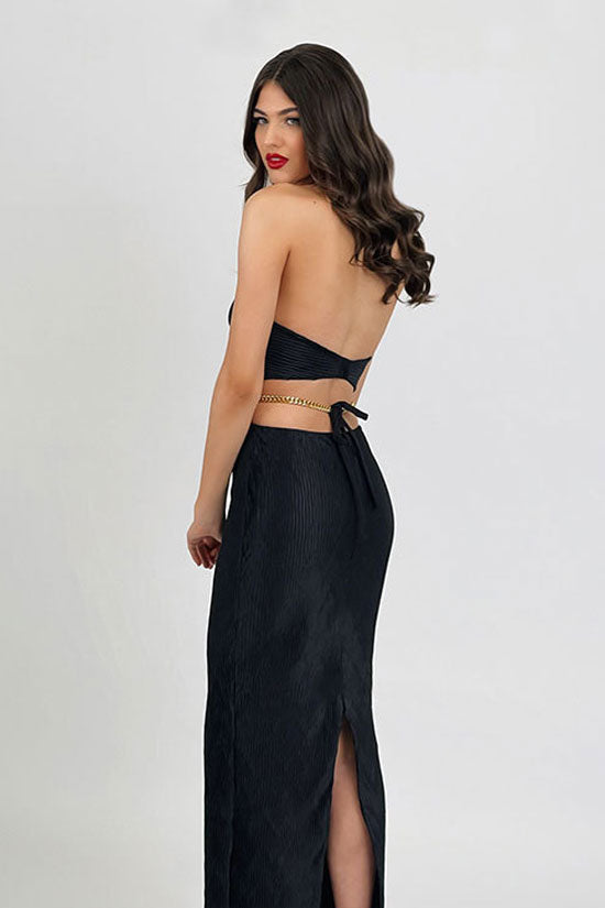 Classy Halter Sleeveless Chained Cutout Ribbed Bandage Cocktail Midi Dress - Black