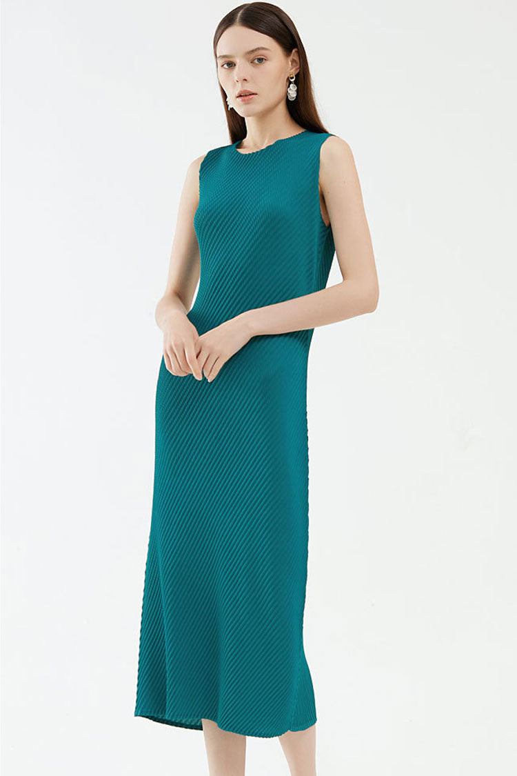 Comfy Diagonal Pleated Crew Neck Sheath Sleeveless Midi Dress - Emerald Green