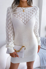 Comfy Long Sleeve Pointelle Crochet Knit Winter Sweater Mini Dress - White