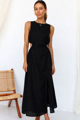 Cool Crew Neck Ruched Cutout Waist Split Midi Summer Sundress - Black