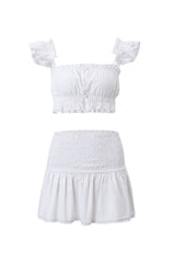 Cute Ruffled Button Up Bra Top Ruched Drop Waist Skirt Two Piece Mini Dress