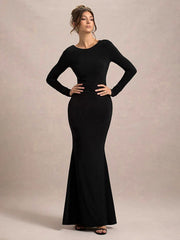 Elegant Backless Bows Maxi Dress Female Chic Bodycon Long Sleeve Club Party Outfits Fashion Black Dresses Vestido Ladies