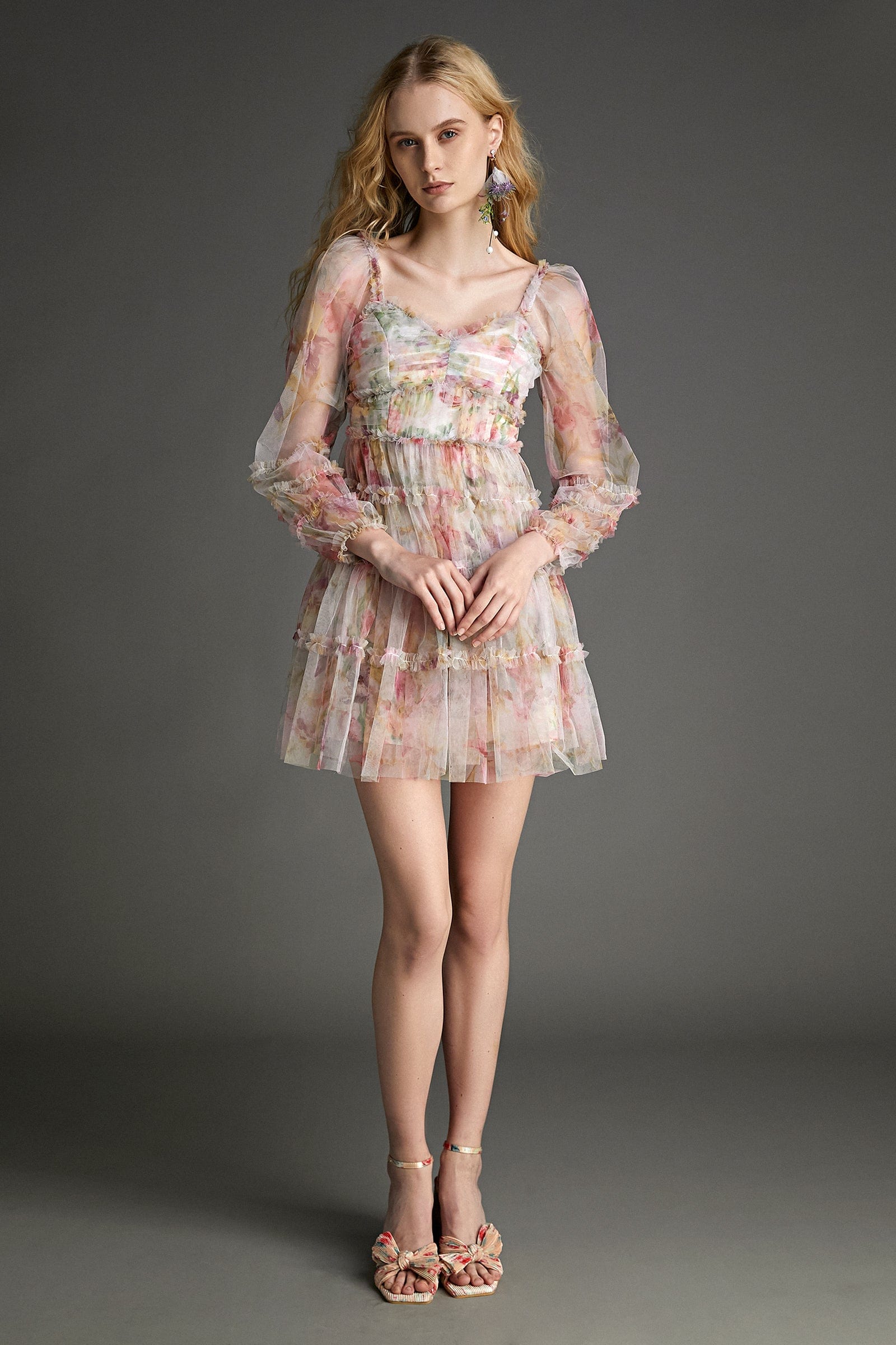 - Pink Floral Print Ruched Ruffled Mesh Mini Dress