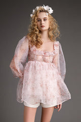 - Pink Puff Sleeve Floral Print Organza Babydoll Mini Dress