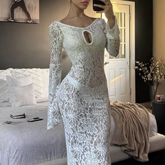 White Sexy Lace Hollow Long Sleeve Dress For Women See Through Maxi Dress Hot Girl Fashion Bodycon Backless Outfits LadyChristmas Gifts