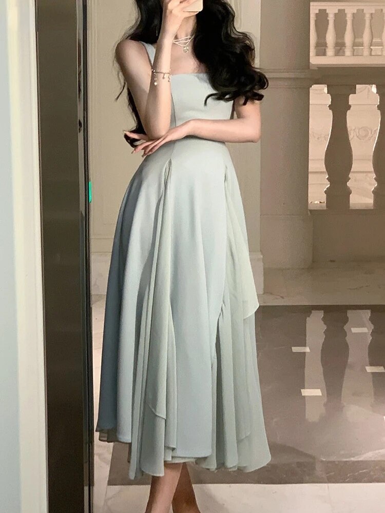 Ruffles Midi Dresses Summer New Women French Elegant Square Neck Evening Party White Vestidos Fashion Princess Birthday Clothes