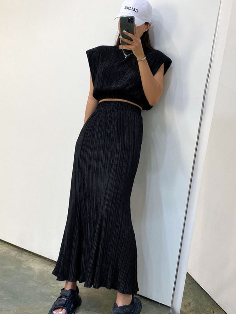 Ribbing Dress Suit For Women 2023 Summer Shoulder Pads Tank Top Temperament High Waist Maxi Skirt 2 Piece Sets Outfits