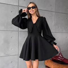 Black Lapel A-Line Mini Dress Women's Fashion Bell Sleeve Slim Patchwork Short Dress Elegant Office Lady Dress Female