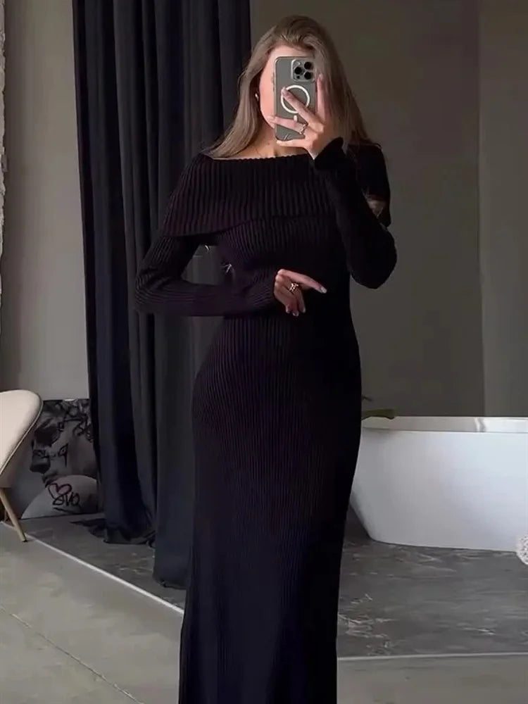 Fashion Knit Long Dress Off-Shoulder Female Ribbed Loose High Waist Elegant Autumn Party Dress Ladies Knitwear Maxi DressChristmas Gifts