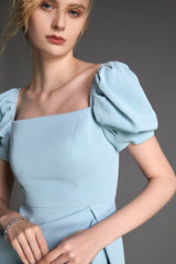 - Light Blue Square Neck Puff Sleeve Mini Dress