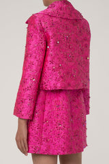 Dazzling Sequin Lurex Jacquard Floral Big Collar 3/4 Sleeve Crop Blazer