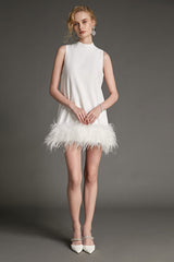 - White Sleeveless Mock Neck Feather-Trimmed Mini Dress