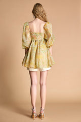 - Lemon Chiffon Floral Print Puff Sleeve Babydoll Smock Mini Dress