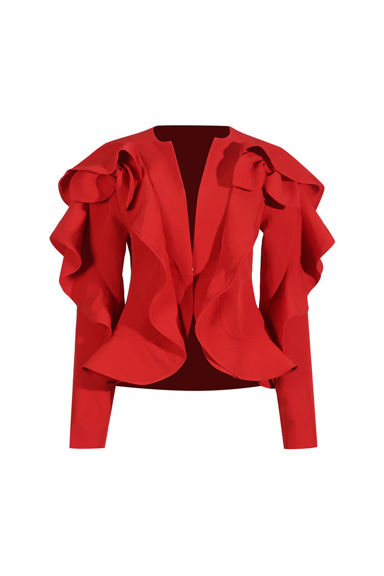 Dramatic Collarless One Button Cinch Waist Ruffle Peplum Blazer