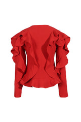 Dramatic Collarless One Button Cinch Waist Ruffle Peplum Blazer