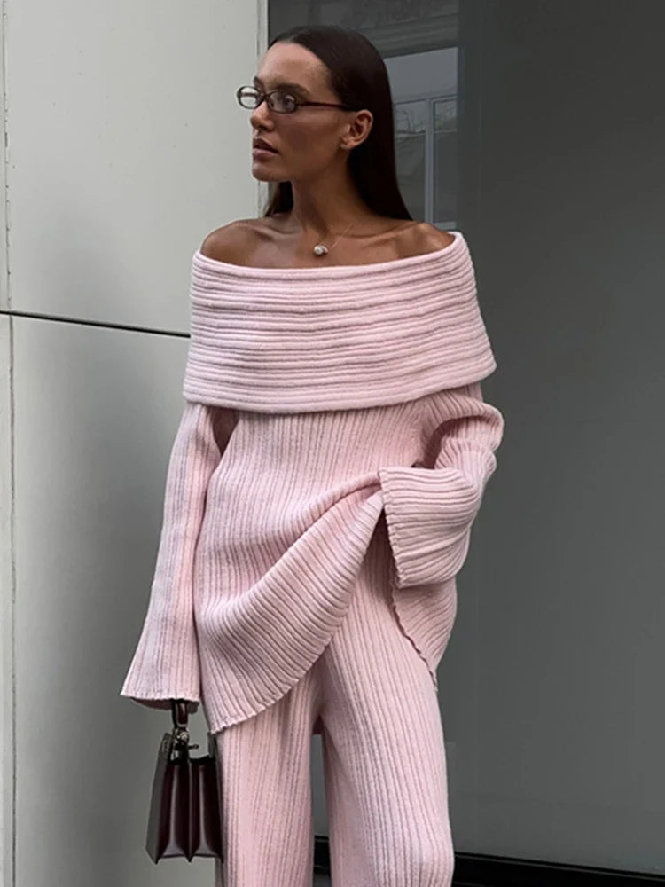 Elegant One-Shoulder Knitted Dress For Women Loose Sexy Rib knit Sweater Autumn Winter Midi Dresses Female Long SleeveChristmas Gifts