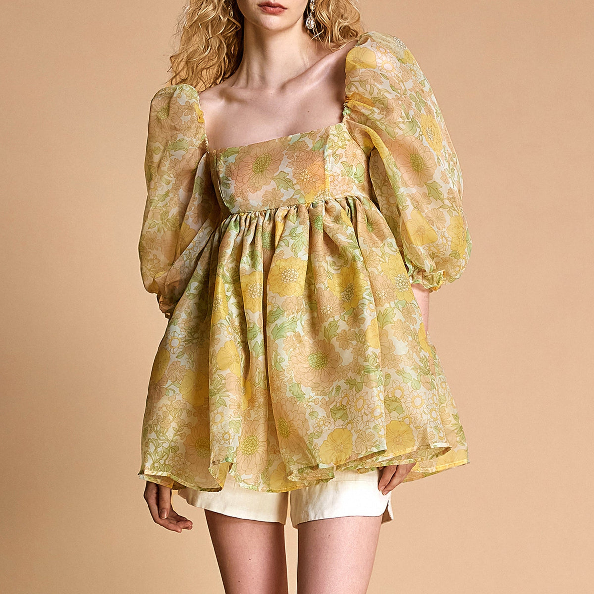 - Lemon Chiffon Floral Print Puff Sleeve Babydoll Smock Mini Dress