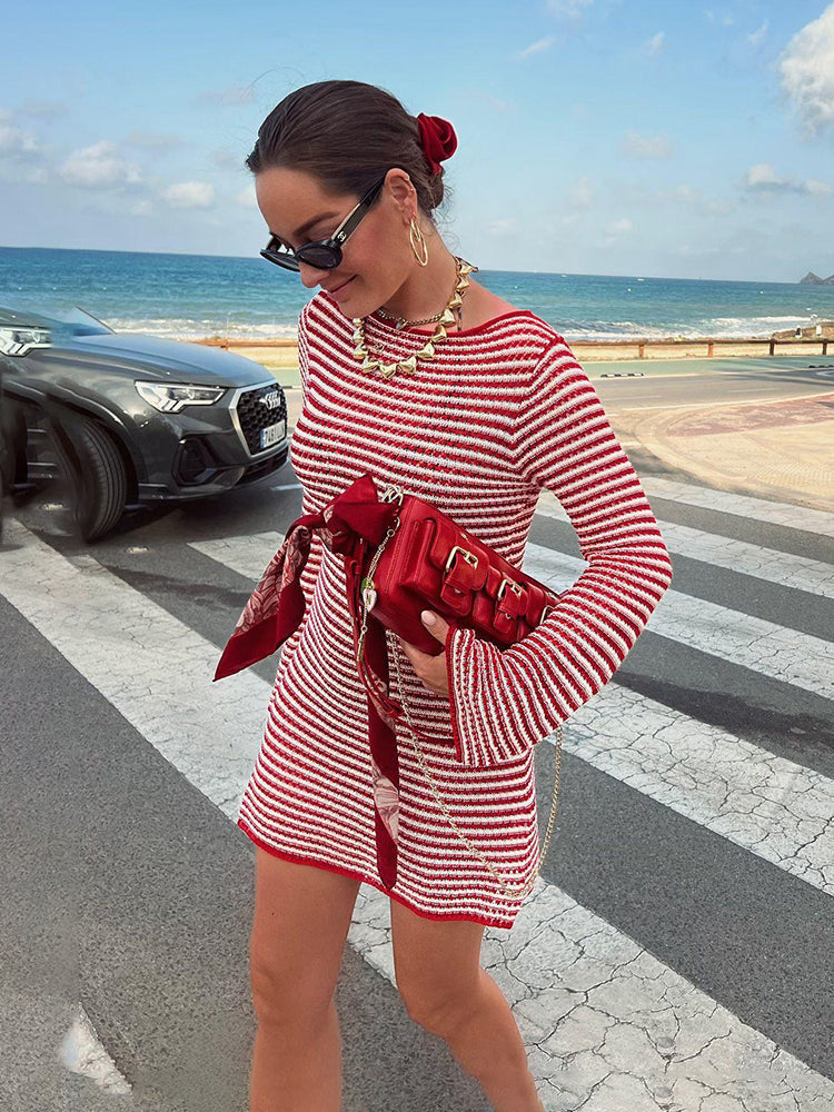 Striped Block Color Knit Mini Dress For Women High waist Flare Sleeves Hollow Slim Autumn Fashion Bohemian Beach Dresses