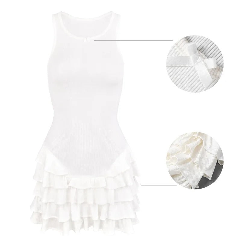 Fashion Ruffle Tiered Vest Dress For Women Club Party Sexy Mini Dress Hot Girl Bow Patchwork Sleeveless Slim Fit Outfits