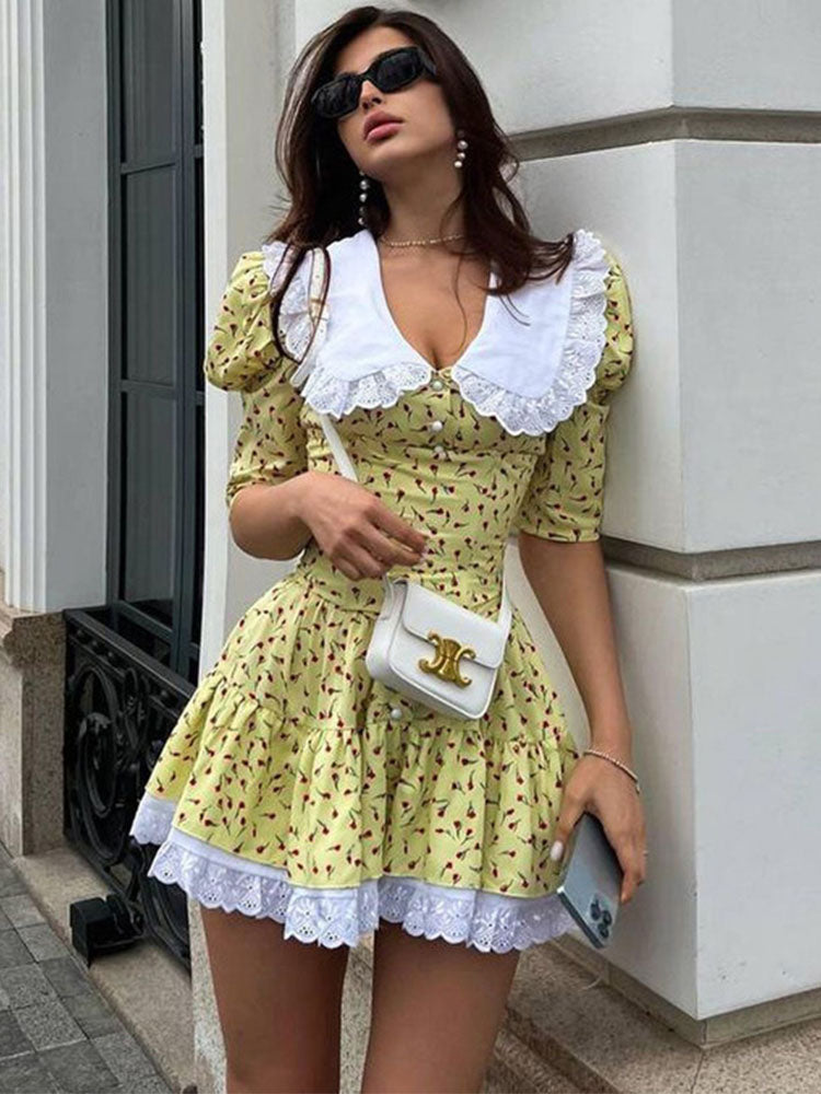 Lace-up Slim Floral Dress Women Elegant Luxury Lace Turn Collar Short Sleeve Folds Dresses Femme Party Retro Dress LadyChristmas Gifts